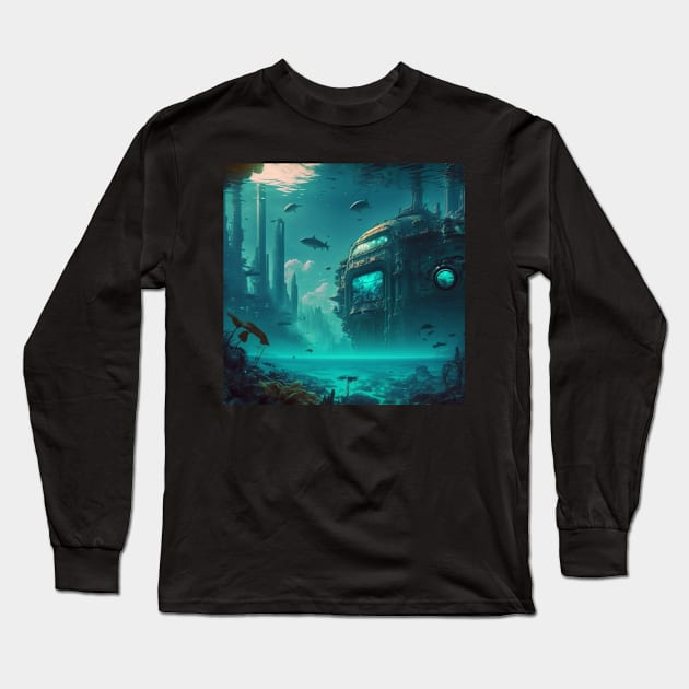 Underwater Cyberpunk City Long Sleeve T-Shirt by AICreateWorlds